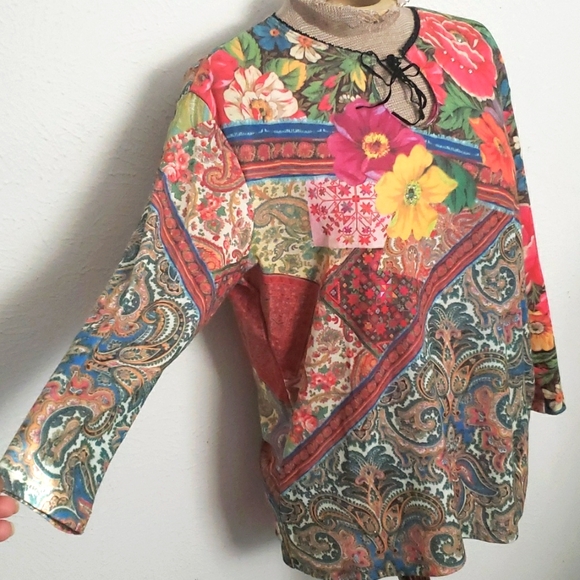 NAUGTIES Y2K YUKIKO FLORAL PAISLEY PRINT KEYHOLE TIED  SLEEVED TEE SZ L - Picture 2 of 7